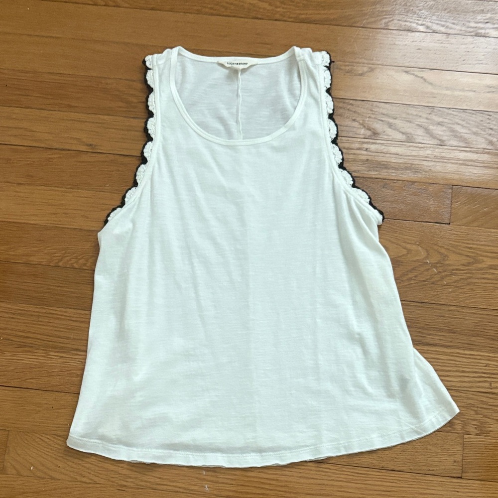 Lucky Brand White Cream Tank Top with Black Lace Trim Small Brand New
